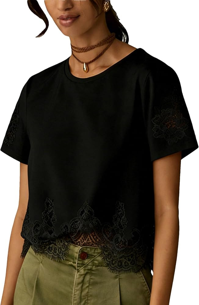 Amazon.com: Aimiray Women's Cropped Lace Tops Short Sleeve Crew Neck Blouse Lace Trim Casual Loos... | Amazon (US)