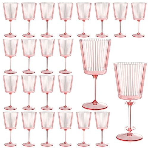 24 PCS Pink Plastic Wine Glasses with Removable Stems 13.5 OZ Ribbed Wine Glass Set Square White Wine Glasses Muted Pastel Colors Goblets Elegant Fluted Glassware for Wedding(Pink, 24 Pack) | Amazon (US)