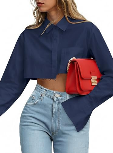 Womens Asymmetrical Cropped Button Down Shirt Long Sleeve Blouse Blue Small | Amazon (US)