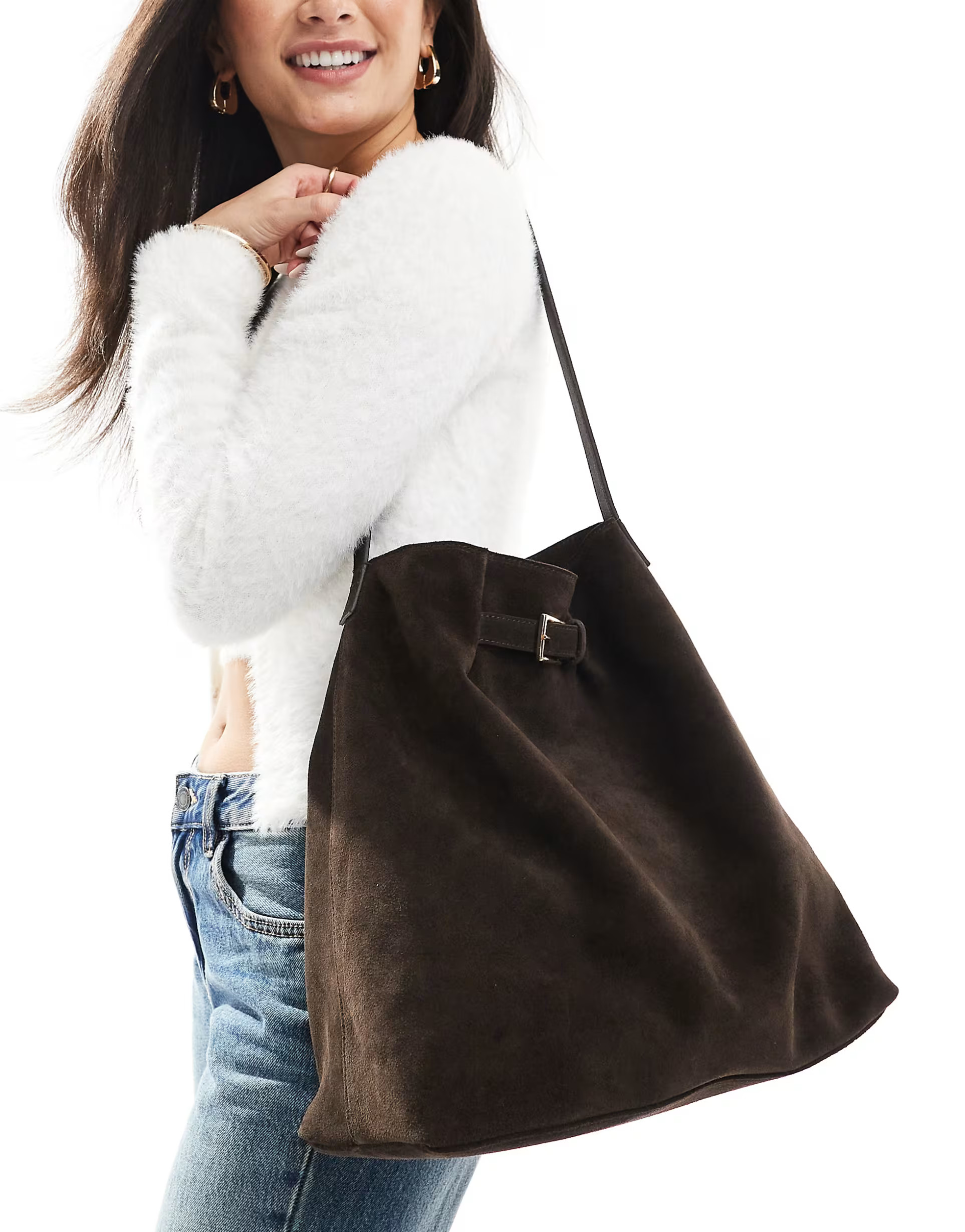 ASOS DESIGN suede buckle detail tote bag in chocolate | ASOS | ASOS (Global)