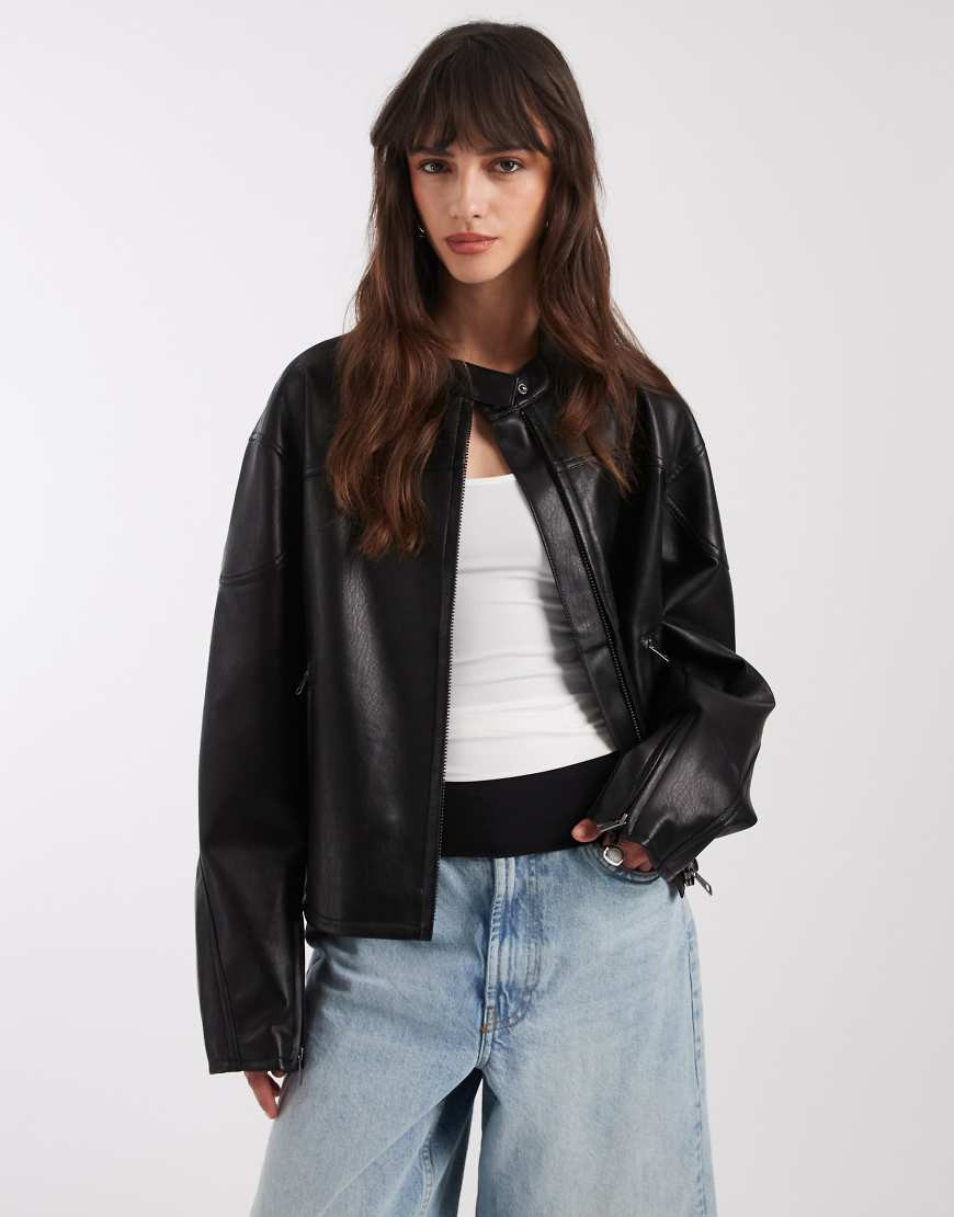 ASOS DESIGN motorsport leather look moto jacket in black | ASOS (Global)