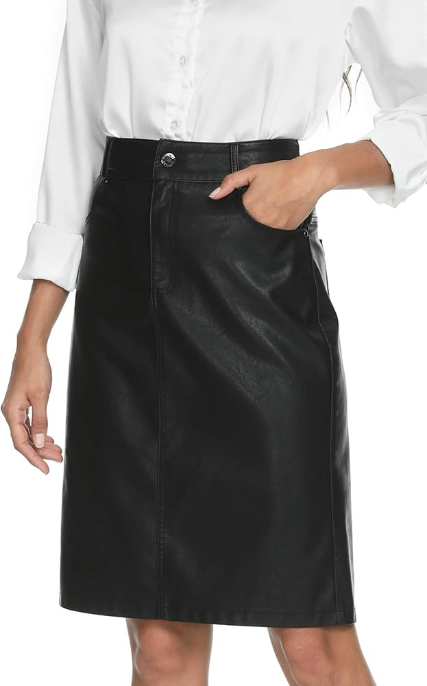 Fahsyee Women's Faux Leather Skirt, Hip High Waisted Stretchy Zipper Mini A-Line Pencil Short Pl... | Amazon (US)