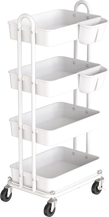 Simple Houseware 4-Tier Rolling Utility Cart with Hanging Bucket, White | Amazon (US)