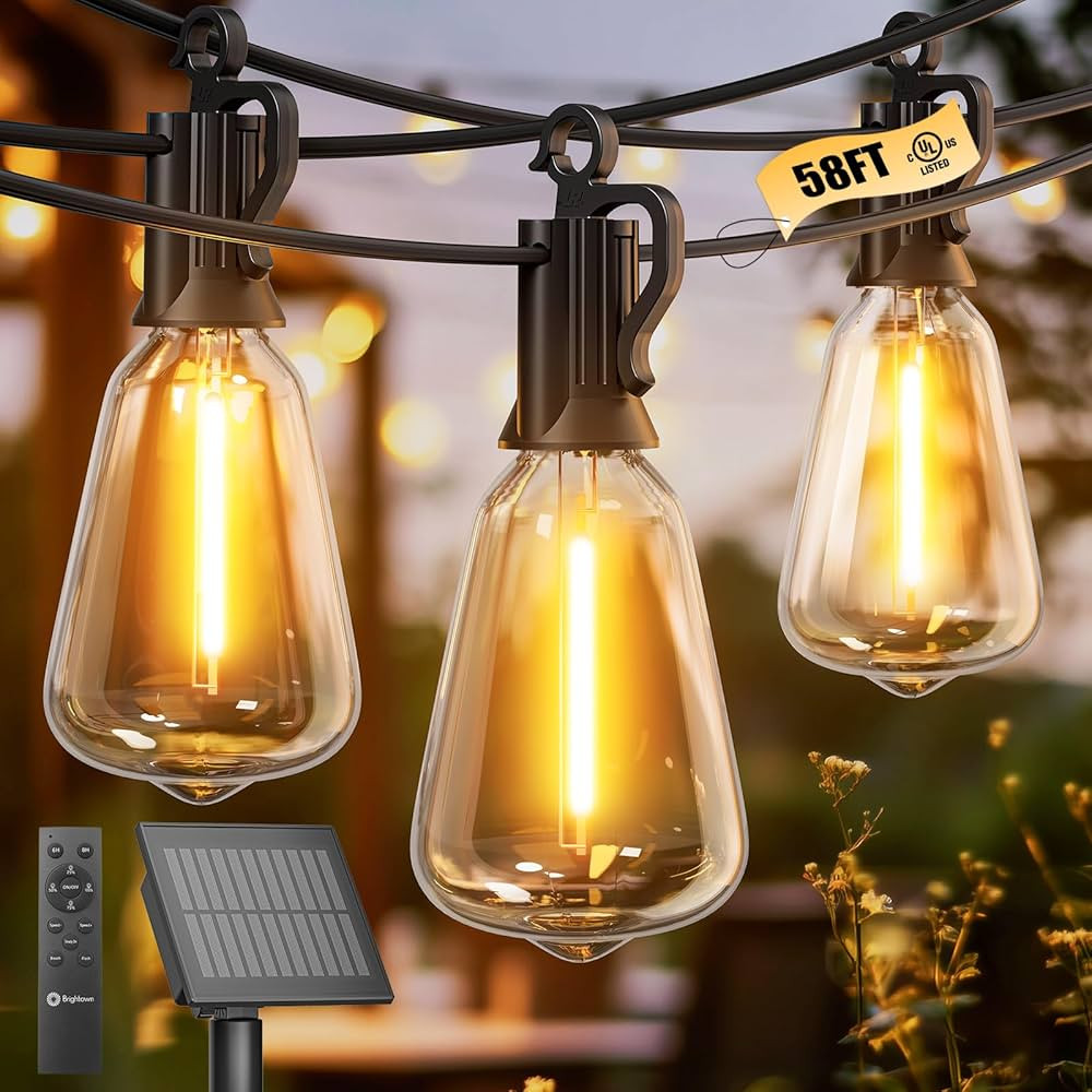 Brightown Outdoor Solar String Lights Waterproof 58FT with 25 Shatterproof ST38 LED Bulbs, 2700K ... | Amazon (US)