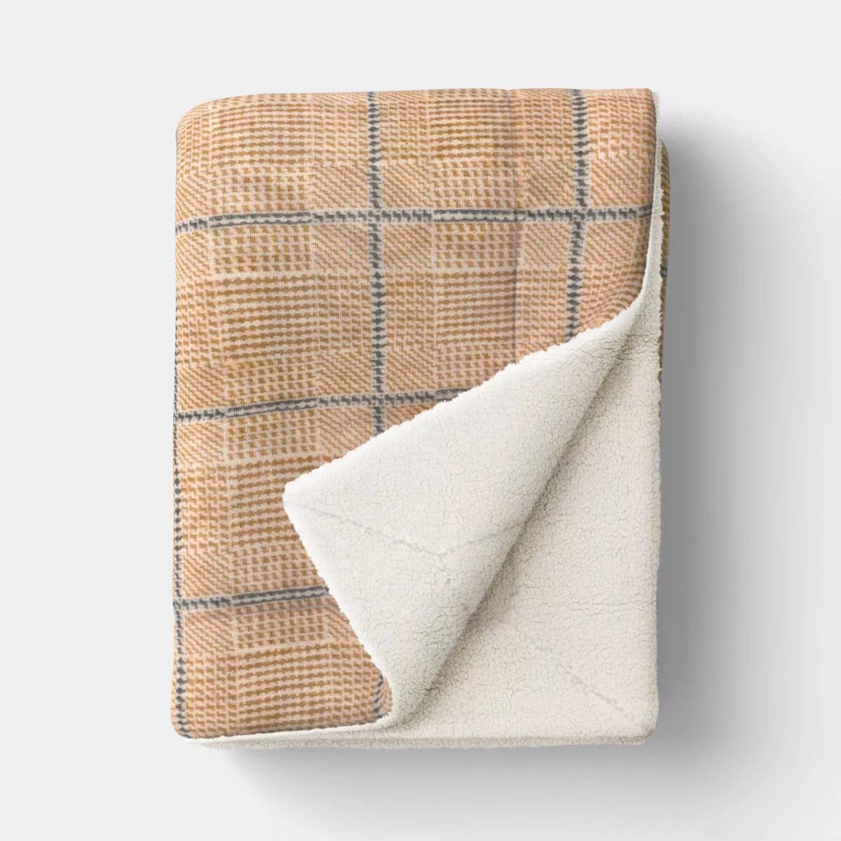 Glen Plaid Printed Plush Throw Blanket with Faux Shearling Reverse Khaki - Threshold™ | Target
