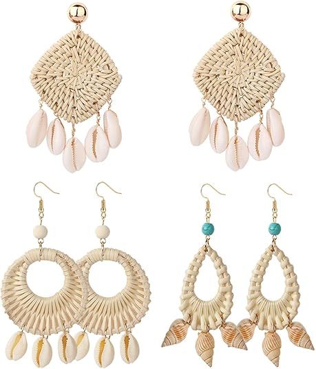 JOERICA 3 Pairs Rattan Shell Earrings for Women Girls Handmade Straw Wicke Braid Woven Dangle Dro... | Amazon (US)