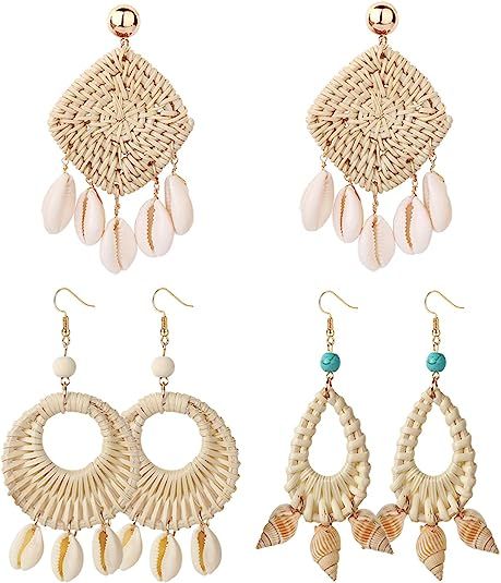 JOERICA 3 Pairs Rattan Shell Earrings for Women Girls Handmade Straw Wicke Braid Woven Dangle Dro... | Amazon (US)