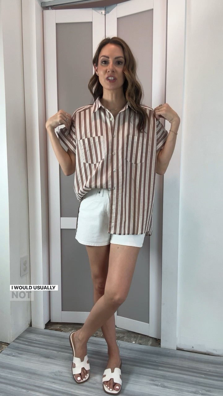 This neutral brown striped button down/ button up top is so cute to wear now like this and then bring it right into the fall with jeans or leggings!  Even better, it’s lined, so not see through. And the cap sleeves give it a more feminine vibe! It also comes in black! My white denim shorts are from a few try-ons ago and out of stock, but I am linking similar for inspo  My sandals are a favorite, so comfortable, and true size.

#LTKVideo #LTKFindsUnder50 #LTKBacktoSchool
