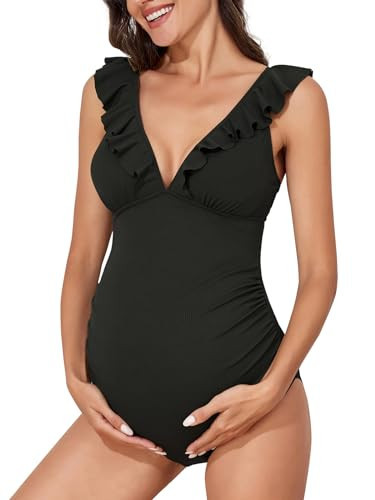 Summer Mae Ruffle Maternity Swimsuit One Piece V-Neck Pregnancy Bathing Suit Lace Up Swimwear Push Up Monokini Ribbed Black 2X-Large | Amazon (US)