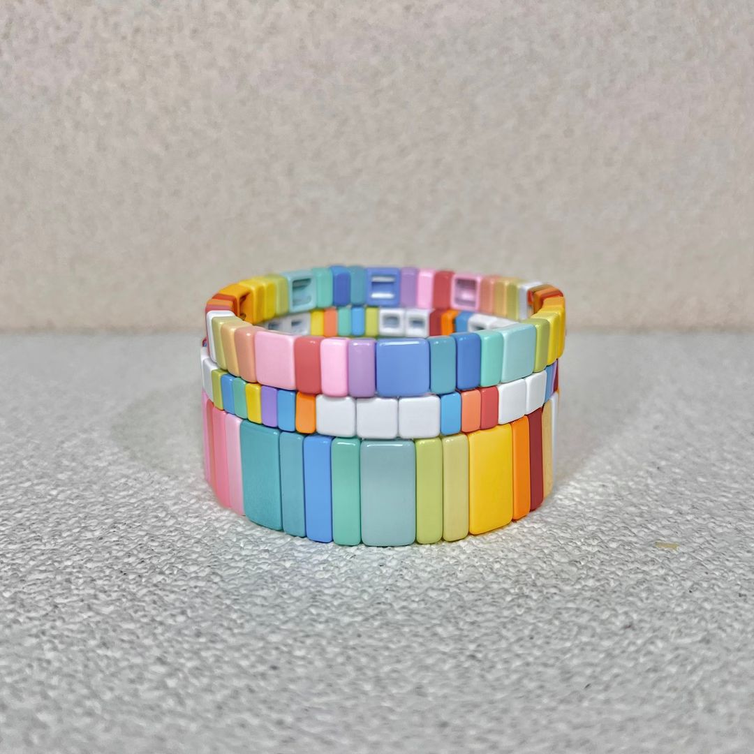 Macaron Color Enamel Tile Bracelet, Colorblock Bracelets, Tile Beads Bracelets, Stacking Bracelet... | Etsy (US)