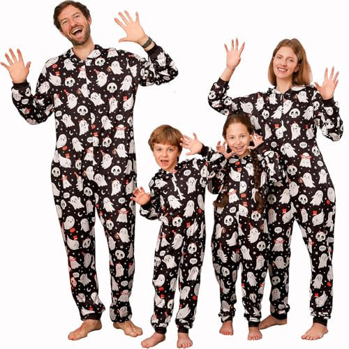 ANGELGGH Matching Halloween Onesie Pajamas Family Holiday Hooded PJs Adult Couples One Piece Sleepwear Funny Ugly Loungewear (Men, M, Ghost) | Amazon (US)