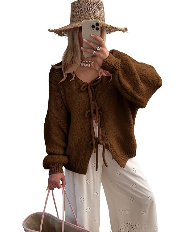 SKIKYAN Women Bowtie Oversized Knit Sweater Cardigan Y2K Long Sleeve V Neck Open Front Casual Kni... | Amazon (US)