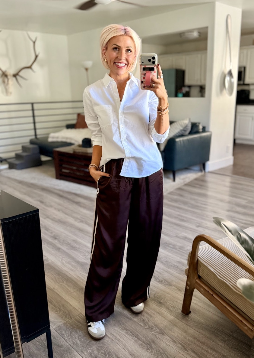 OBSESSED with these satin track pants. Top: Small // Pants: Small // Shoes: TTS 

 #LTKootd #LTKSaleAlert #LTKWorkwear