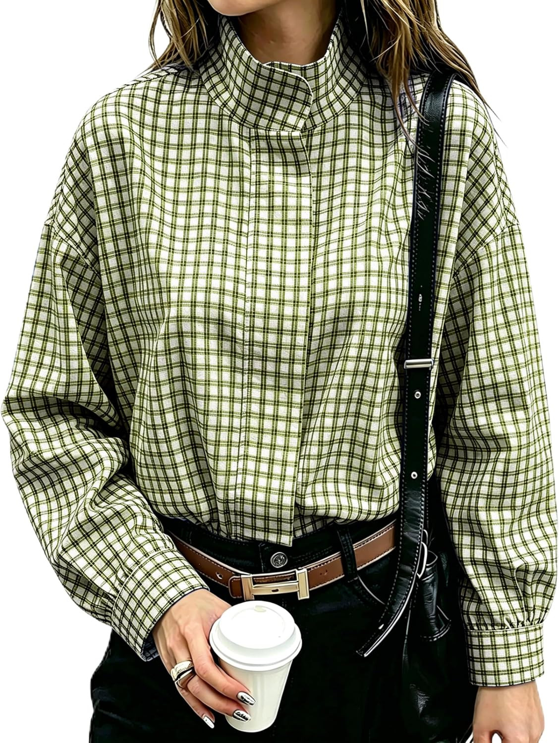 Women Oversized Cropped Gingham Jacket Zip Up Stand Collar with Batwing Sleeves Casual Coat Spring Fall | Amazon (US)