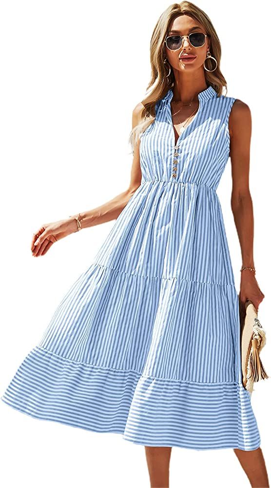 Floerns Women's Striped Print Notched Neck Sleeveless Ruffle A Line Midi Dress | Amazon (US)