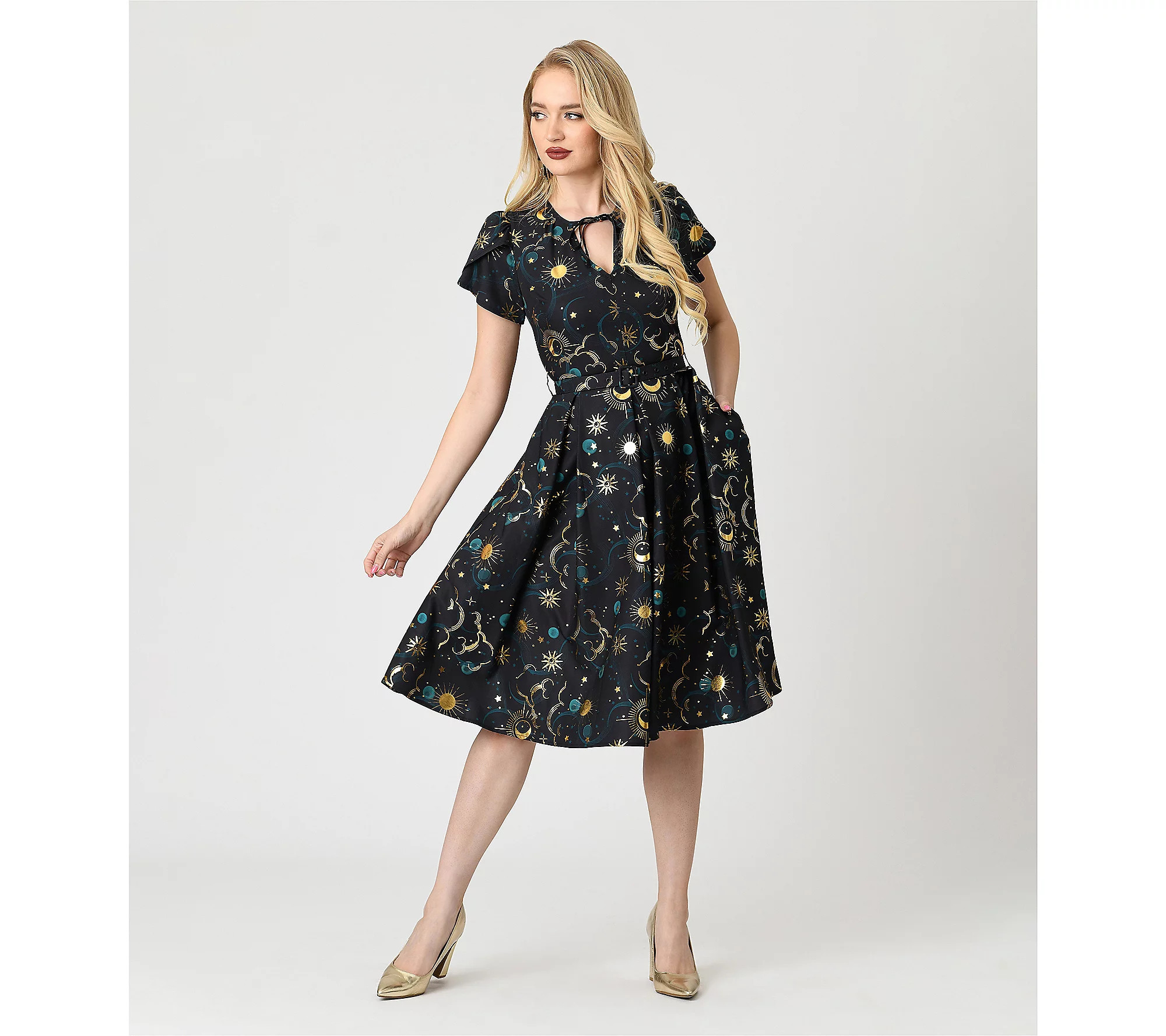 Unique Vintage Gold Foil Celestial Dahlia Swing Dress | QVC