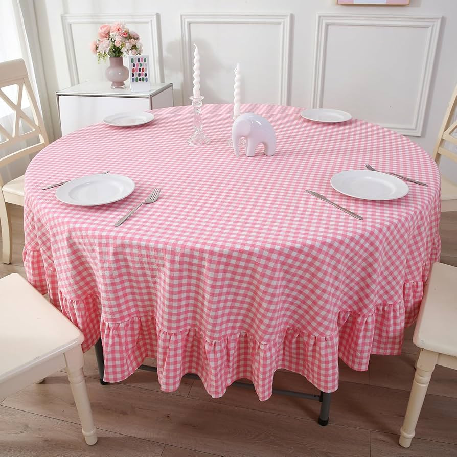 100% Cotton Coral Pink Plaid Ruffled Table Cloth Round Cover, Dia.70 in Cottage Coquette Checker Gingham Vintage Decorative Tablecloth (Coral Pink/White Plaid, Dia.70 inches) | Amazon (US)