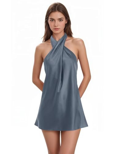 Ouyisha Dusty Blue Homecoming Dresses 2025 Satin Halter HOCO Dress for Teens Short Sleeveless Flowy Petite Formal Cocktail Party Gown 28 | Amazon (US)
