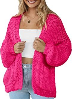 Women Long Sleeve Cable Knit Cardigan Open Front Oversized Lightweight Sweater Cardigans with Poc... | Amazon (US)