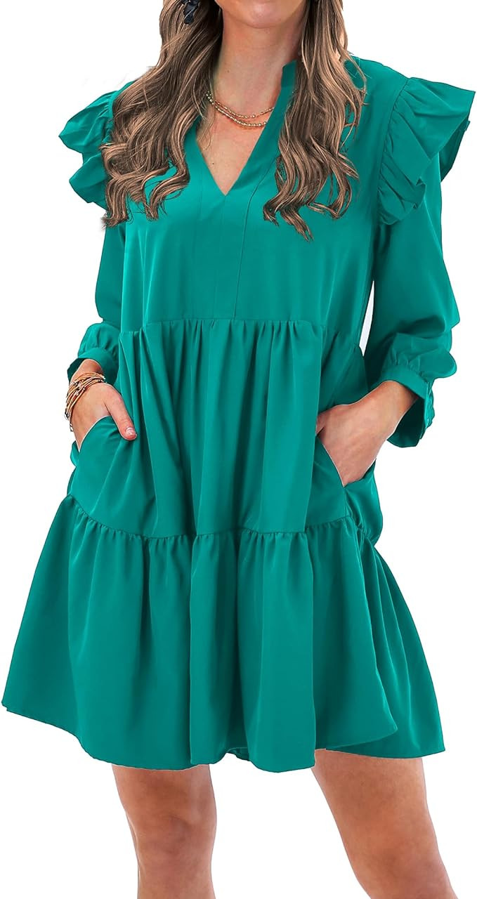 KIRUNDO Women's 2023 Fall Casual Ruffle Long Sleeve V Neck Mini Dress Loose Tiered Flowy Babydoll... | Amazon (US)