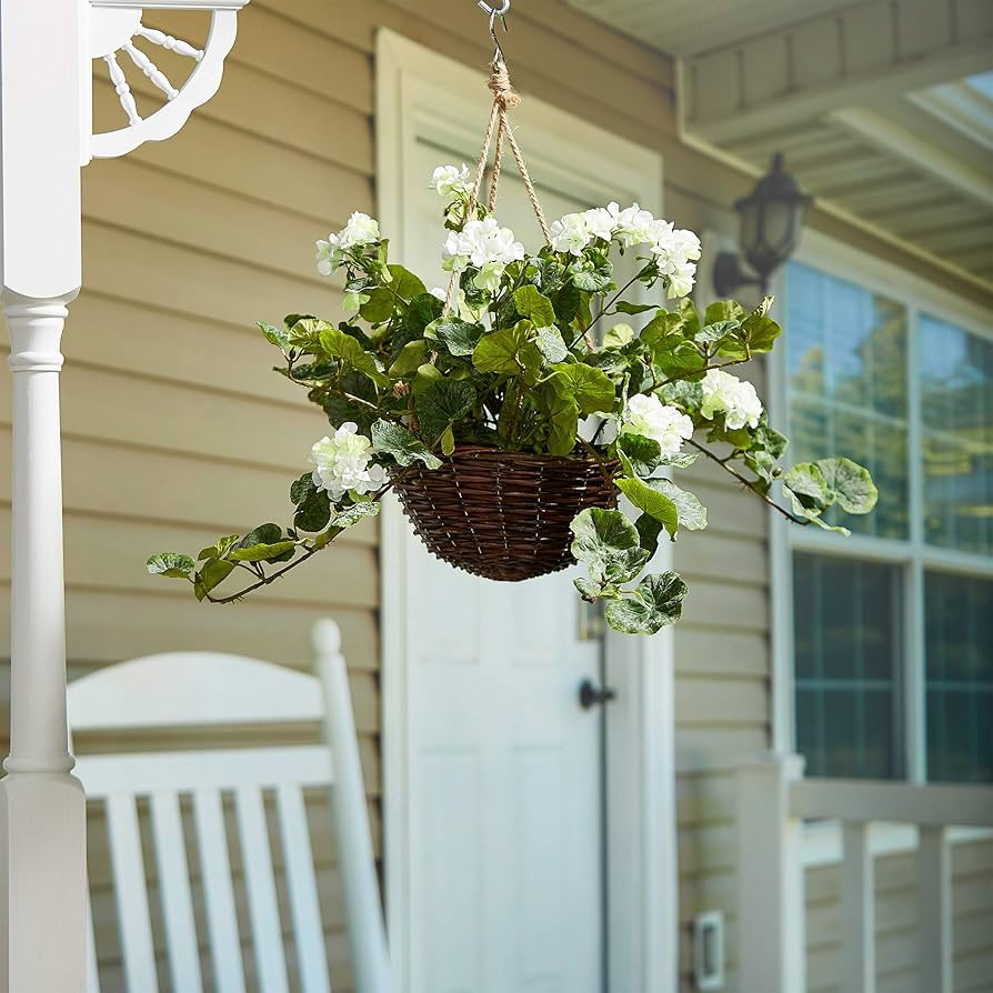 Faux Flowers White Geranium Hanging Natural and Lifelike Floral Arrangement with Basket for Home ... | Amazon (US)