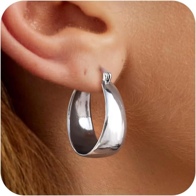 Risamil Silver Hoop Earrings for Women Trendy Chunky Sterling Silver Earrings Cute Oval Large Ear... | Amazon (US)