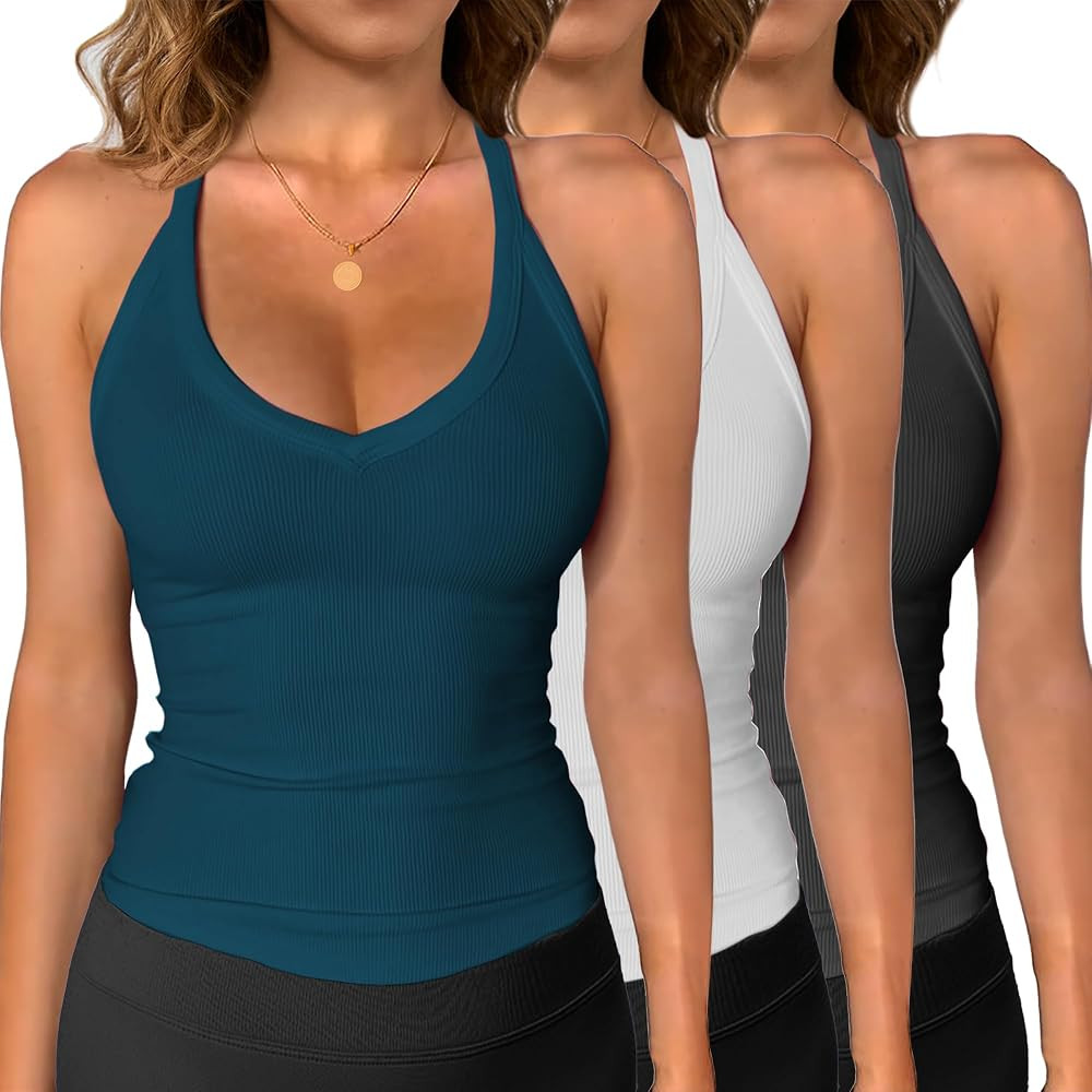 iGENJUN 3 Pack Workout Tops for Women Racerback Basic Tank Summer 2025 Camisole V Neck Slim Fit R... | Amazon (US)