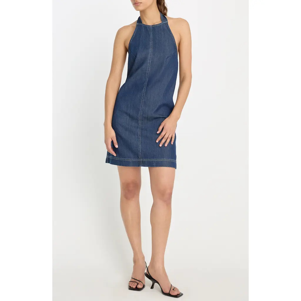 Good American Halter Neck Denim Shift Minidress in Indigo1187 at Nordstrom, Size Large | Nordstrom