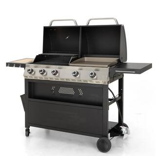 5-Burner Propane Gas Grill and Griddle Combo in Black with Cooking Grates and Plate | The Home Depot