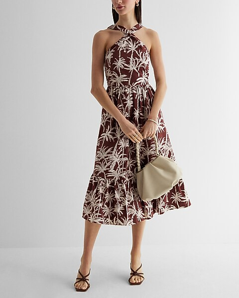 Printed Halter Neck Tiered Poplin Midi Dress | Express