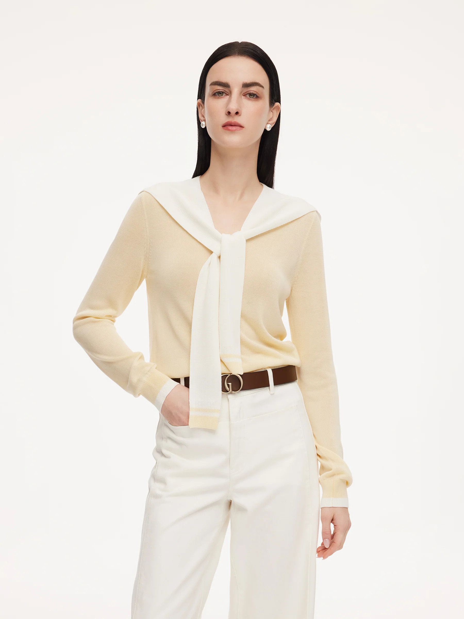 Lyocell Wool Blend V-Neck Women Knit Top With Detachable Sailor Collar | GOELIA