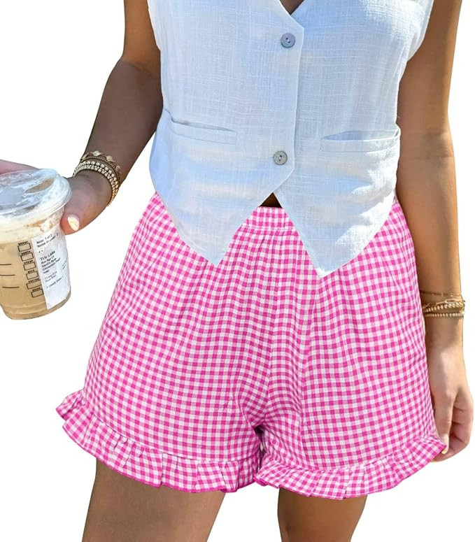 Aoulaydo Boxer Shorts for Women Pajama Gingham Shorts Casual Lounge Sleep Plaid Y2K Beach Bottoms... | Amazon (US)