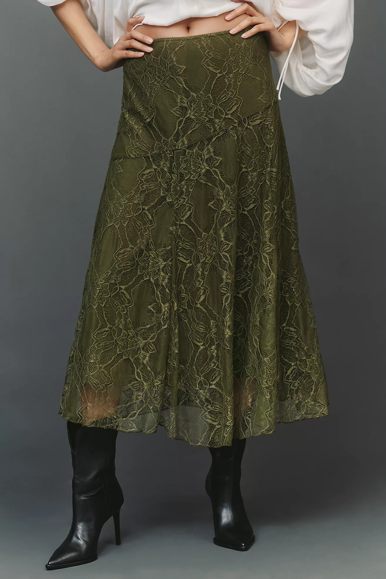 By Anthropologie Asymmetric Drop-Waist Lace Midi Skirt | Anthropologie (US)