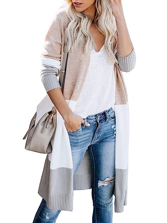 Tutorutor Womens Striped Long Cardigan Sweater Lightweight Open Front Colorblock Draped Kimono Lo... | Amazon (US)