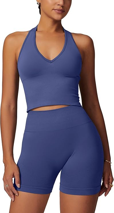 ABOCIW Workout Sets for Women 2 Piece Seamless Halter Cropped Tank Scrunch Butt Lifting High Wais... | Amazon (US)