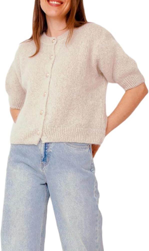 Women Y2K Cardigan Sweater Short Sleeve Button Down Ribbed Knit Crop Top Fall Winter Going Out Sw... | Amazon (US)