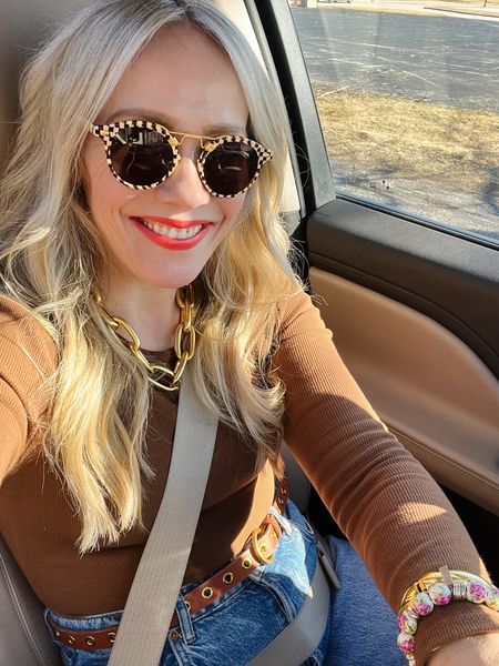 Spring everyday outfit for school pickup - on trend JCrew gold chunky jewelry with a nuuds bodysuit and Krewe sunglasses CLAIRE LATELY 

#LTKstyletip #LTKSeasonal #LTKfindsunder100