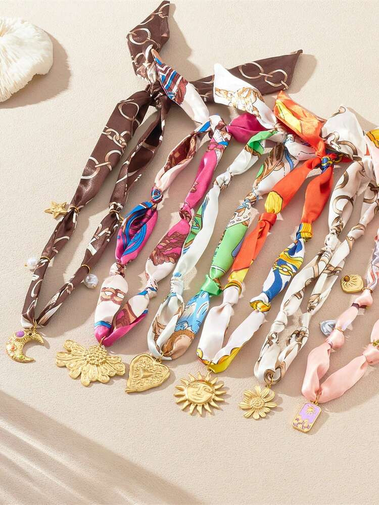 Bohemian Style Colorful Ribbon Necklace, Stainless Steel Multi-Element Pendant Charm, Jewelry Gift For Mom, Girlfriend, Suitable For Women's Daily Or Party Wear | SHEIN