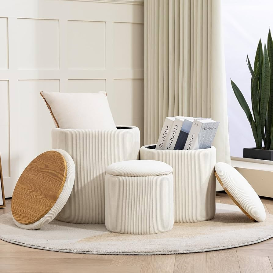 Round Set of 3 Ottoman with Storage-Upholstered Velvet Vanity Stool for Modern Multifunctional Co... | Amazon (US)