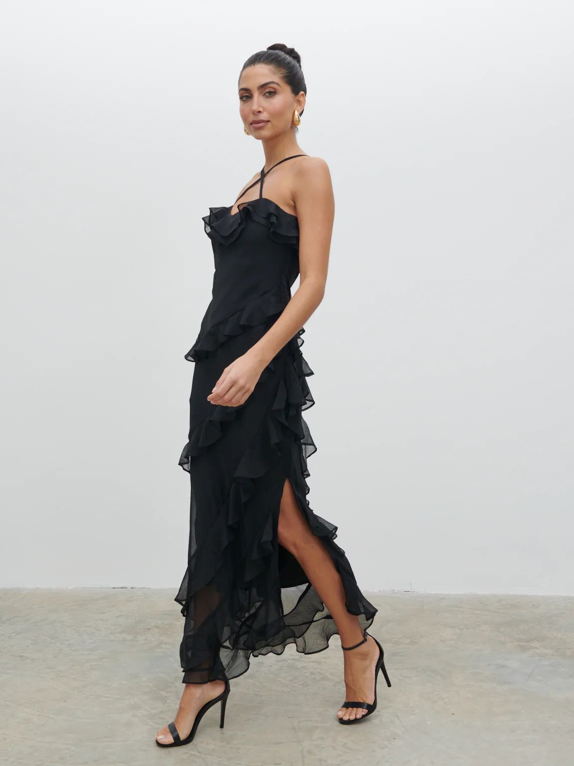 Aryana Ruffle Midaxi Dress - Black | Pretty Lavish (UK)