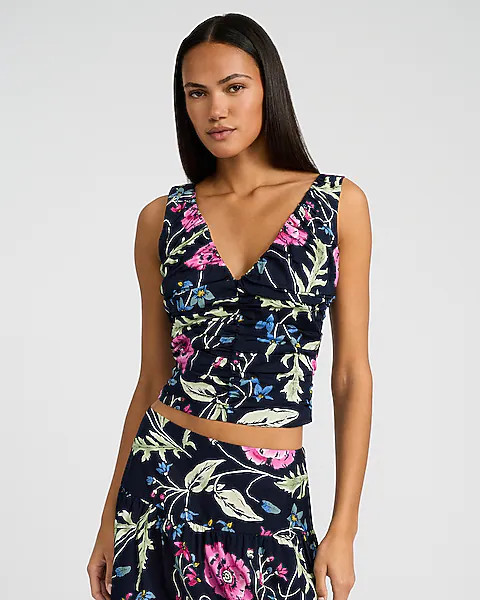 Poplin Floral V-neck Ruched Smocked Back Tank | Express