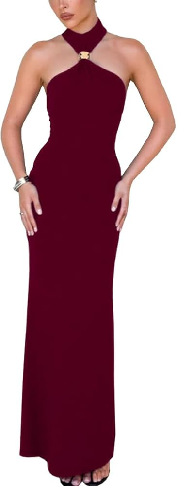 Women Halter Maxi Dress High Neck Sleeveless Back Slit Hem Elegant Party Cocktail Long Formal Dre... | Amazon (US)