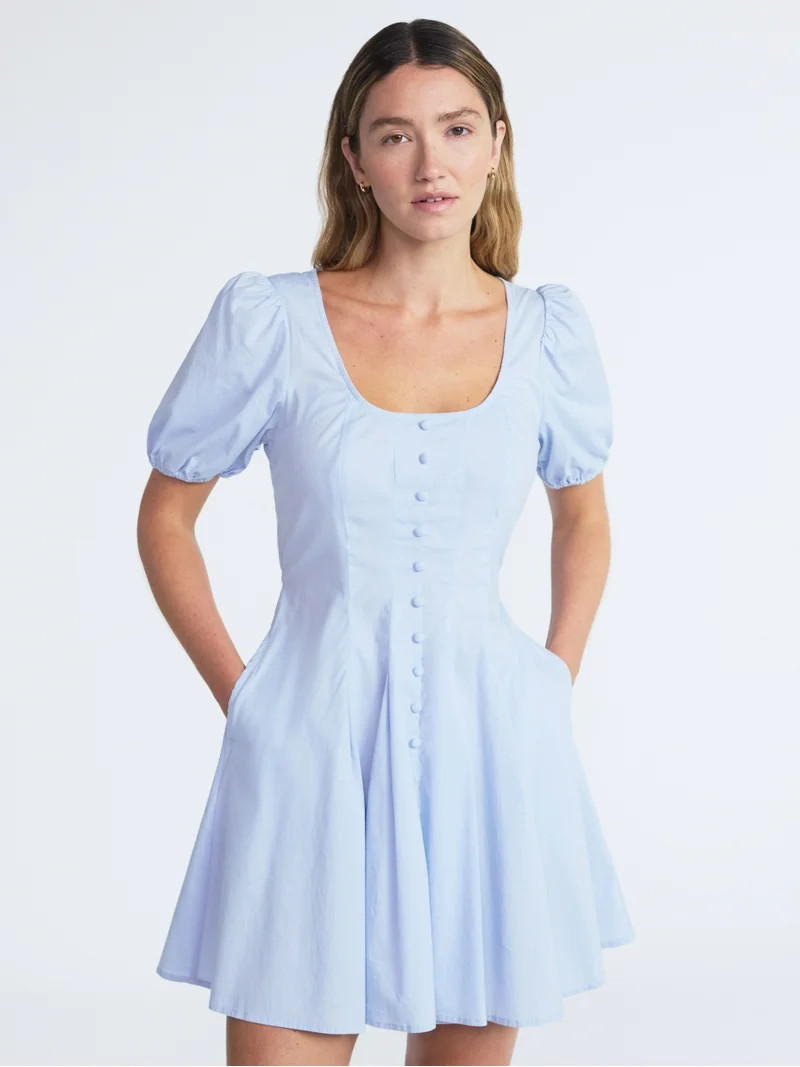 Scoop Women’s Pleated Mini Dress with Puff Sleeves, Sizes XS-XXL - Walmart.com | Walmart (US)