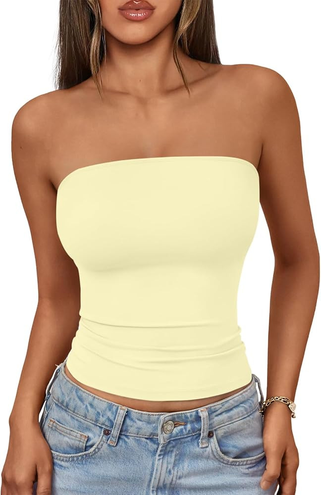 AUTOMET Womens Tube Tops Soft Stretchy Strapless Bandeau Basic Seamless Summer Going Out Tank Top | Amazon (US)