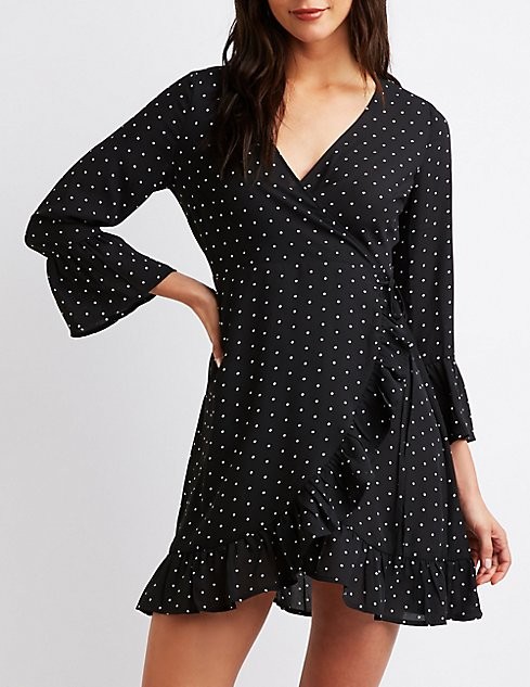 Polka Dot Ruffle-Trim Wrap Dress Polka Dot Wrap Skater Dress Polka Dot Bell Sleeve Skater Dress Stri | Charlotte Russe
