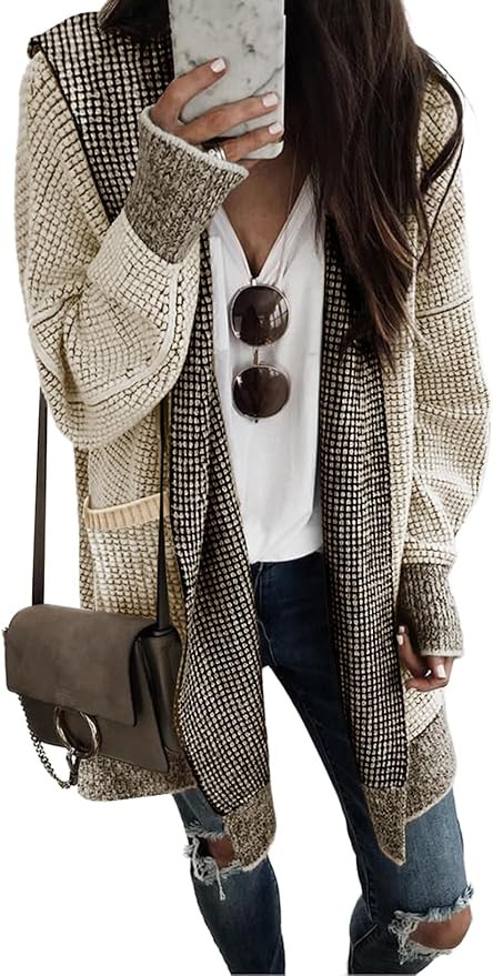 Sidefeel Women's Cardigan Sweaters Hooded Oversized Open Front Chunky Knit Plaid Sweater Coat Fal... | Amazon (US)