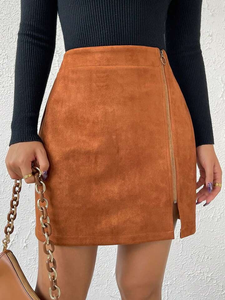 SHEIN Essnce Zip Up Suedette Skirt | SHEIN