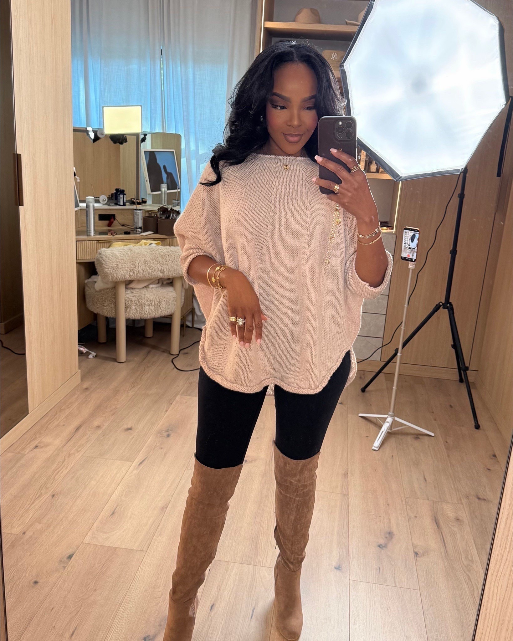 Cozy winter layers that still feel elevated 🤍  
This oversized knit + leggings combo is one of those outfits you’ll reach for on repeat — comfy enough for everyday, polished enough to look styled.

Perfect for errands, casual lunches, travel days, school drop-off, and cozy winter outings.

📏 Fit details:  
• Oversized knit sweater — relaxed fit, drapes beautifully, size down if you want a more fitted look  
• Black leggings — supportive, smoothing, true to size  
• Knee-high boots — comfortable heel, great with leggings or dresses  

📏 Sizing: size Small  
📏 Measurements: 5’4” • 138 lbs • 34D • 27” waist • 40” hips  

This is one of those outfits where the cost per wear drops fast — easy to style multiple ways with coats, hats, or sneakers for a long-term winter wardrobe staple.

Neutral winter outfits, cozy everyday outfits, leggings outfit ideas, oversized sweater styling, winter casual looks, boots and leggings outfit, elevated basics for winter.

✨ Everything linked below for easy shopping  

Follow me on Instagram and YouTube @kirasfashionfinds  #LTKStyle #LTKWinter

Follow my LTK @kirasfashionfinds on the @shop.LTK app to view this post and get my exclusive app-only content!

#liketkit #LTKPetite
@shop.ltk
https://liketk.it/5HsfO

#LTKootd #LTKgrwm