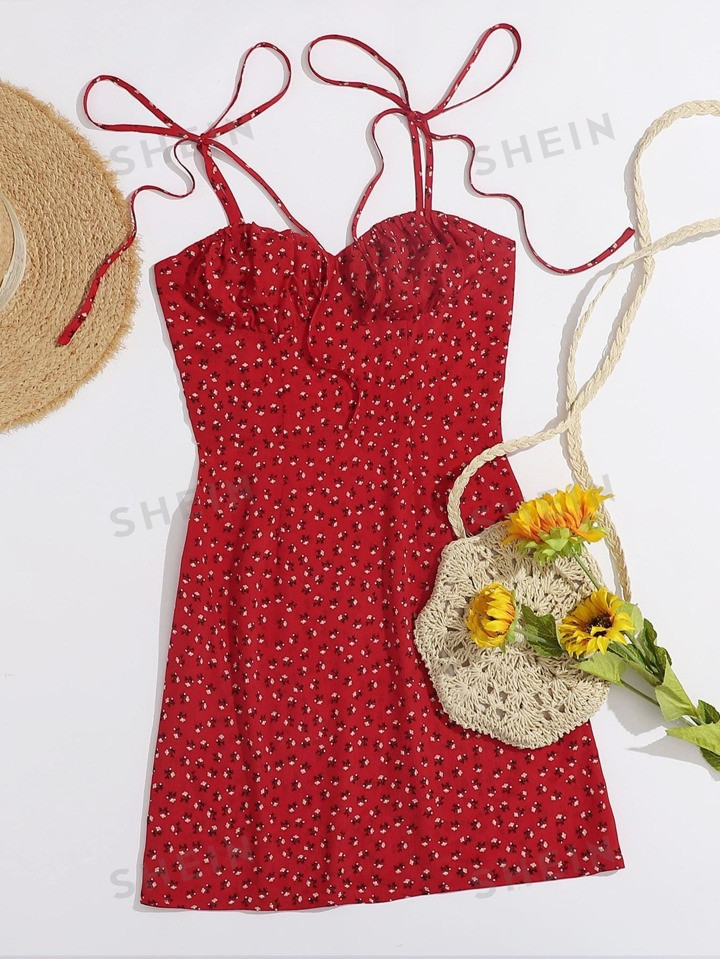SHEIN WYWH Tie Shoulder Ruched Bust Ditsy Floral Cami Dress | SHEIN