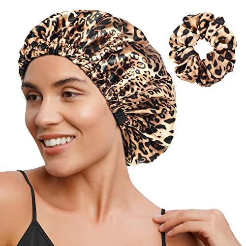 YANIBEST Adjustable Silk Bonnet Double Layer Satin Bonnet Hair Bonnet for Sleeping Bonnets for Women Hats Curly Natural Hair, Bold Cheetah | Amazon (US)